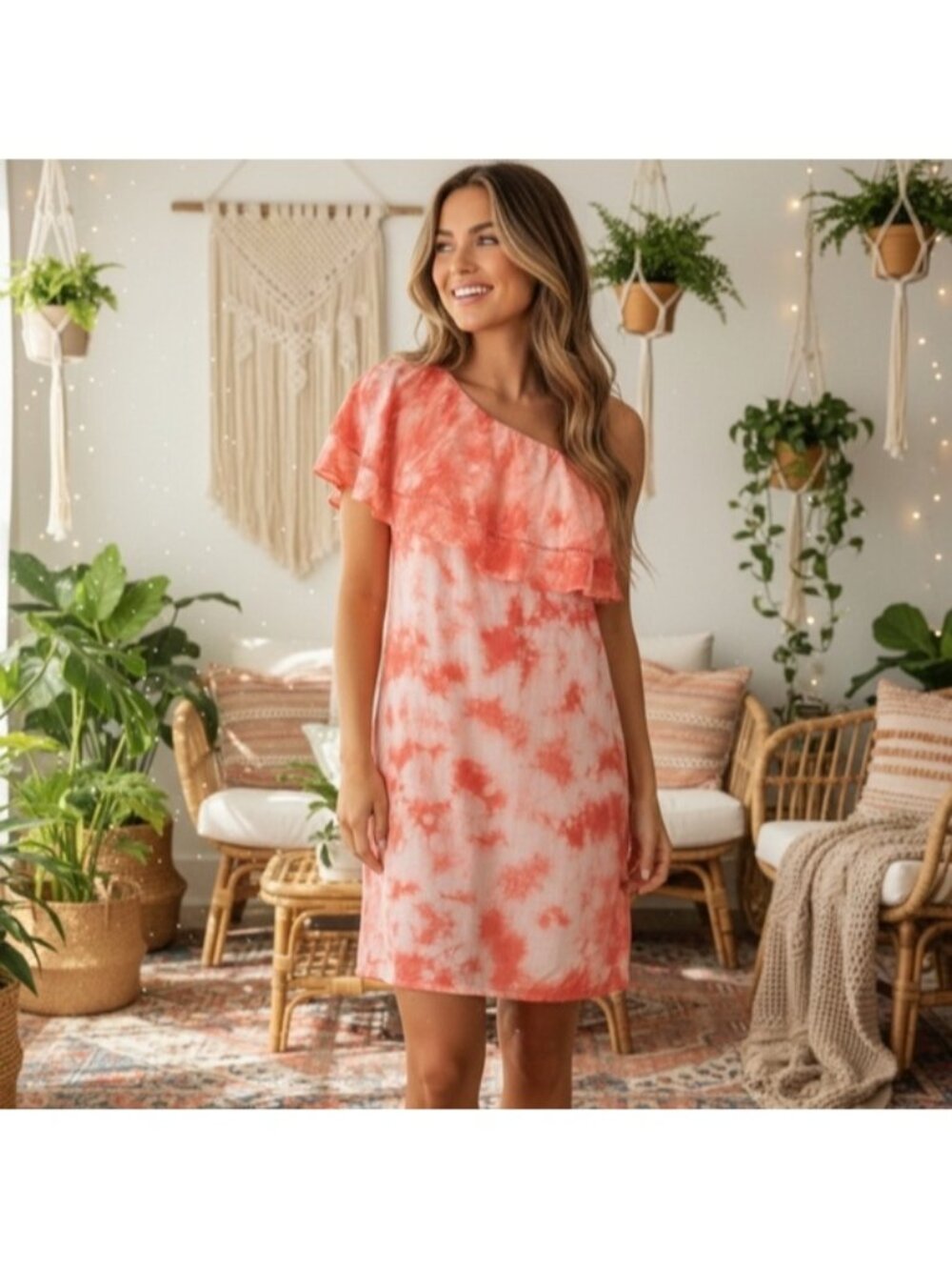 💠California Moonrise One Shoulder Tie Dye Dress Boho Summer Salmon Orange Small